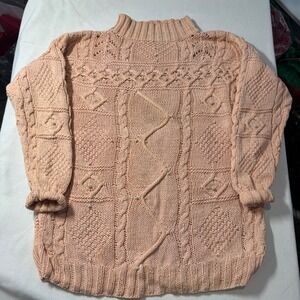 Vintage Outback Pink‎ Peach Knit Sweater Pearls Mock Neck Cable Knit Size L
